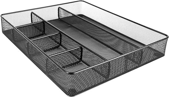 Amazon Basics Metal Mesh Desk Organizer with 6 Compartments, Anti-Slip Pen Holder Storage Tray for Office Supplies and Home, Black - Image 2