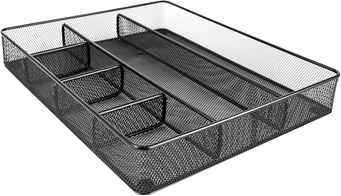 Amazon Basics Mesh Desk Drawer Organizer with 6 Compartments, Non-Slip Office Supplies Storage for Pens and Accessories, Black | Pack of 4 - Image 2
