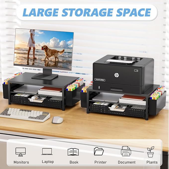 Desk Organizers and Accessories, Computer Monitor Stand Riser with Drawer and 2 Pen Holders, Printer & Laptop Stand, Office Desk Accessories & Workspace Organizers for Home Office Supplies, Black - Image 3