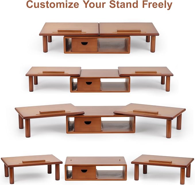 Dual Monitor Stand Riser with Drawer for Desk Laptop | Desk Shelf with Adjustable Length and Angle, Bamboo Computer Stand Riser for 2 or 3 Monitors Screen Laptop PC TV Brown - Image 2