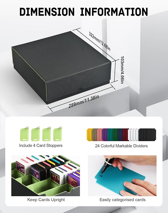 ZLCA Card Storage Box for MTG PTCG, Commander Deck Box Holds 3200+ Cards, Trading Card Storage Case with 4 Stoppers, Card Organizer for TCG Sport Cards(Black&Green) - Image 2