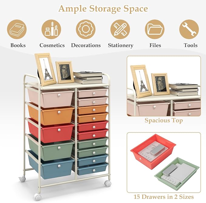 Moccha 15-Drawer Rolling Storage Cart - Under Desk Storage Drawers with wheels for Craft Art Supply Paper Salon, Scrapbook Paper Tools, Mobile Utility Cart for Classroom (15 Drawers, Macaron) - Image 6