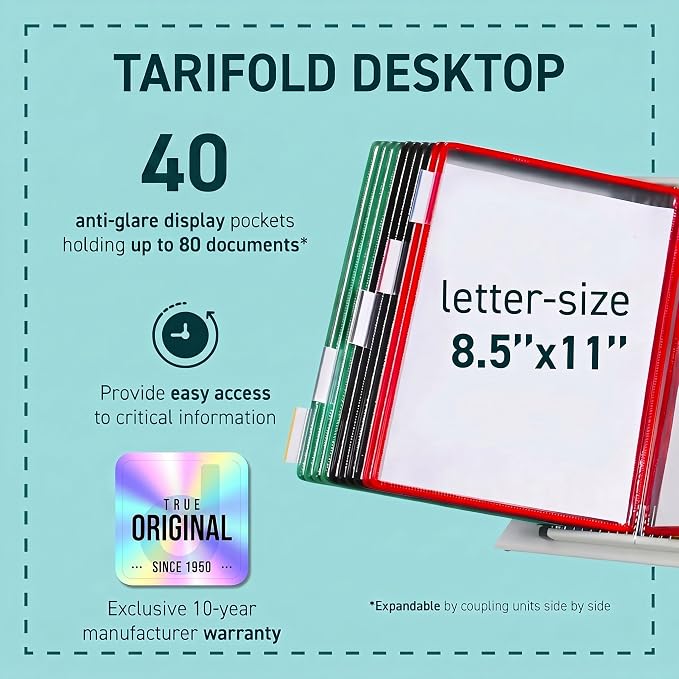 Tarifold Desktop Reference Display System, 40 Pockets, Expandable, Assorted | 40 Double-Sided PVC Pockets, Holds 80 Letter-Size Sheets, Sturdy Metal Base, Quick-Find Indexing, Quick and Easy to Assemble - Image 2