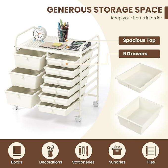 COSTWAY Rolling Storage Cart with 9 Drawer, Utility Cart with Metal Frame | Mobile Art Supply Craft Organizer, Multipurpose Storage Organizer for Paper, Office, School Teacher, Classroom, White - Image 4