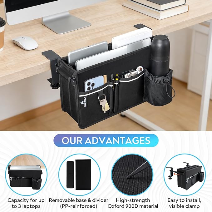 Side Desk Laptop Holder for Up to 3 Laptops, Side Desk Organizer with Adjustable Divider & Bottle Pocket, Soft-Lined Interior, Clamp Mount Side Desk Storage, Fits 0.6″-3.2″ Flat Edge - Image 2