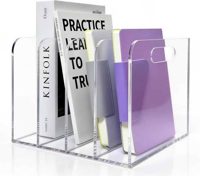 5mm Acrylic Magazine File Holder, 4 Compartment Desk Organizer | 4 spacious vertical compartments hold magazines, files, books & more. 5mm thick clear acrylic, non-slip base. No assembly. - Image 3