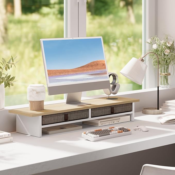 Fenge 35 Inch Monitor Stand with Drawer Storage, Computer Riser for Desk | Wooden Computer Shelf, 2 Tiers, for Dual Monitor/Laptop/PC/TV/Printer up to 55Lbs, Home Office Desk Organizer - Image 9