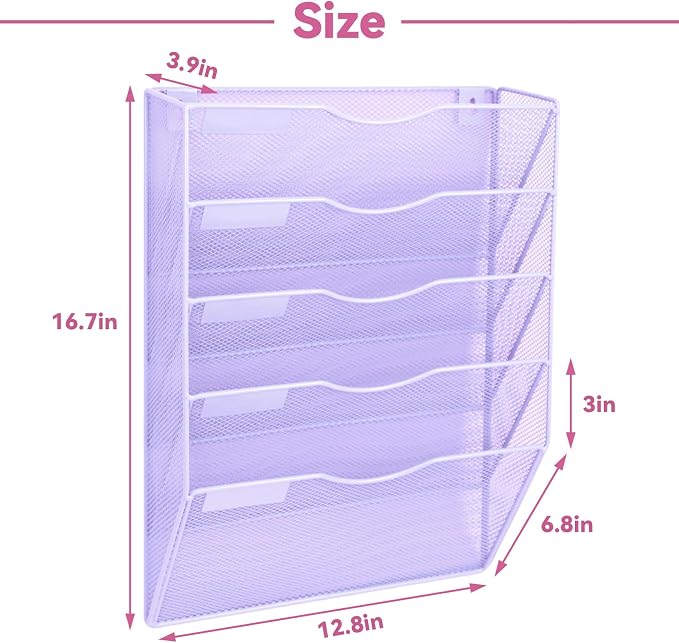 5 Pockets Mesh Wall File Holder Organizer Office Hanging File Folder Magazine Rack, Nametag Label Hooks Set Included (Purple) - Image 2