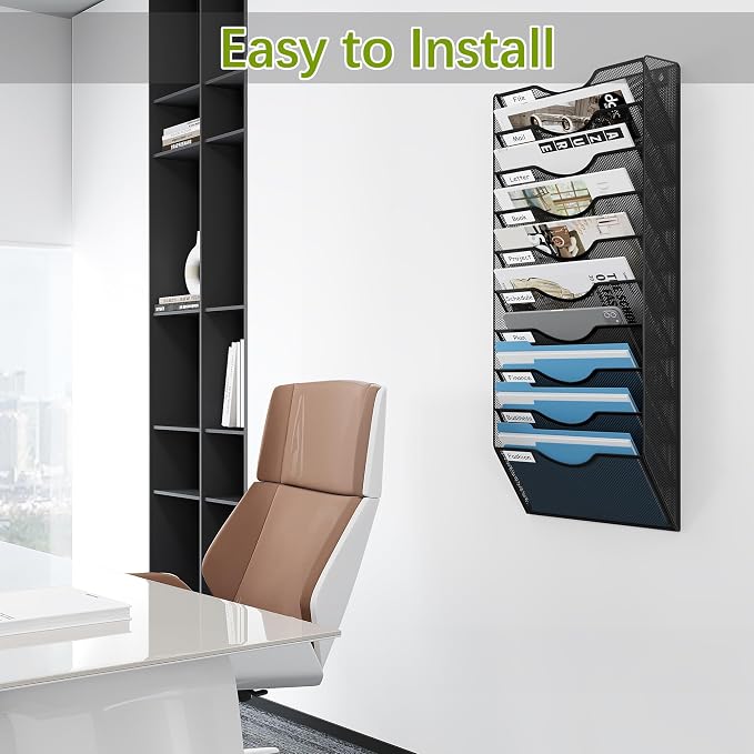 EasyPAG 10 Pocket Mesh Wall File Organizer, Hanging Paper Folder Holder with Classify Label, Vertical Wall Mount Mail Organizer for Office Home Classroom, Black - Image 6