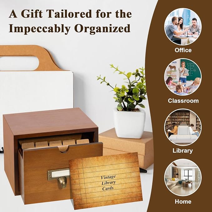 3x5 Index Cards Holder Wood Index Card Organizer Box Flash Card Holder Recipe Cards Holder with Drawer 30 Pcs Vintage Library Cards 5 Kraft Dividers For Gifts Cards Home Office - Image 4