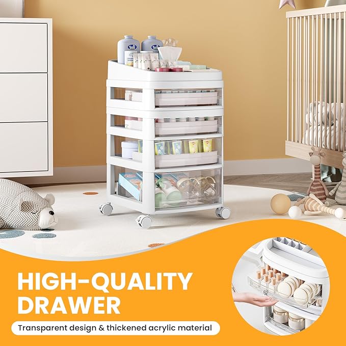 Rolling Cart with 4 Drawers, Clear Plastic Drawer Organizers, Vanity Cart | Dust Proof Under Desk Storage with Dividers for Makeup, Skincare, Art Crafts and Baby Items, Acrylic Cosmetic Organizer - Image 4