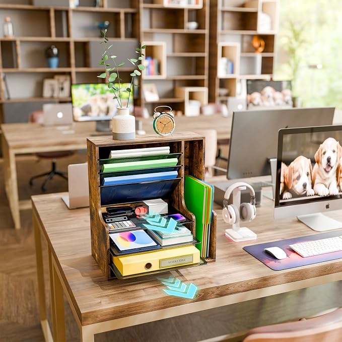 Simple Trending 7- Tier Desk File Organizer, Paper Organizer, Rustic Brown | Adjustable Letter Trays, Wooden Desk Accessories with Side File Holder, for Office Home Classroom, 16"L x 9"W x 17"H - Image 3