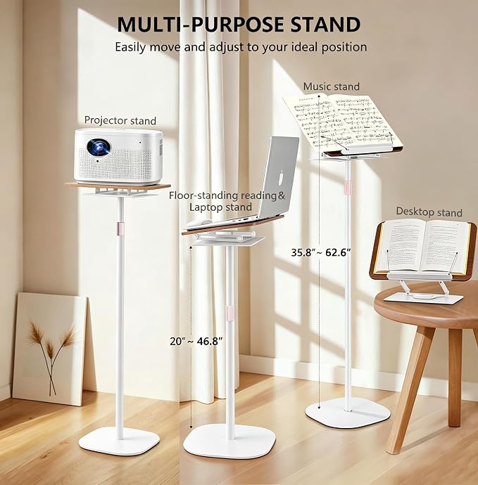 2-in-1 Adjustable Floor & Desktop Music Book Stand, White | Detachable Reading Holder, Height 36"-62", 360° Rotating, For Music, Laptop, Cookbook - Image 3
