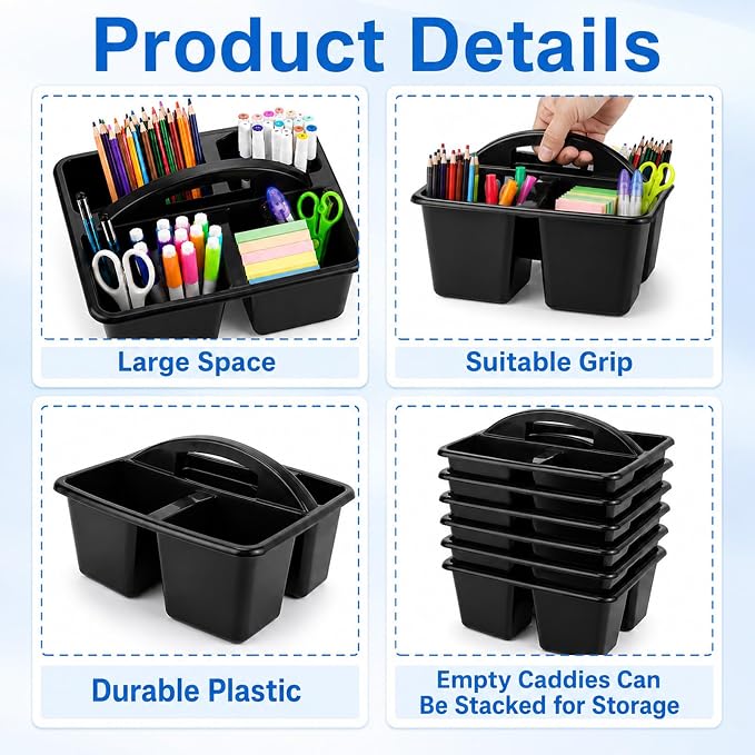 6 Pack Assorted Colors Classrooms Caddy 4 Compartment Classroom Caddy Compartment Caddies Set Table Caddies Classrooms with Handle for Classroom Organization Table Desk Office Supplies(Black) - Image 3