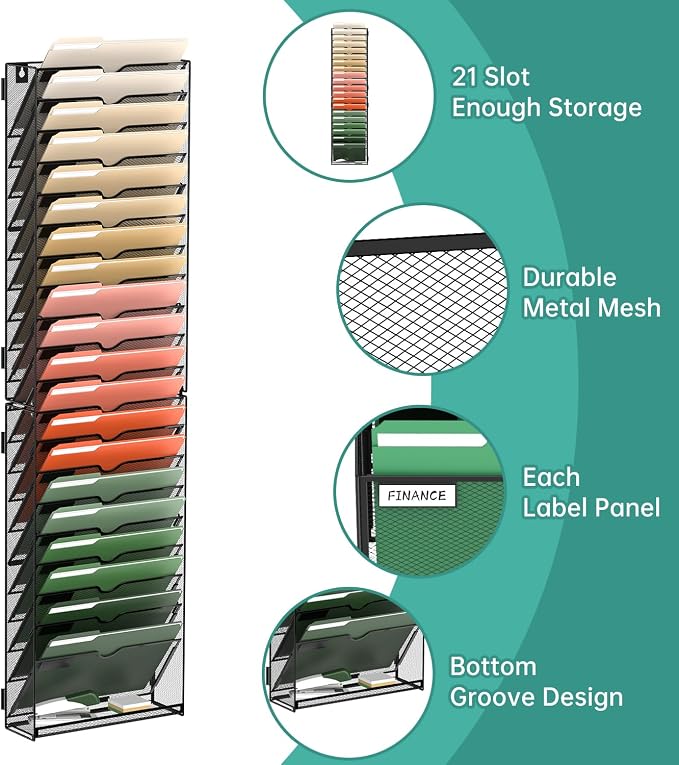 21 Tier Wall File Organizer, Hanging Wall Mounted Mail Organizer with Label Slots, Metal Mesh File Holder Magazine Rack for Office, Home, School or Classroom, Black - Image 3