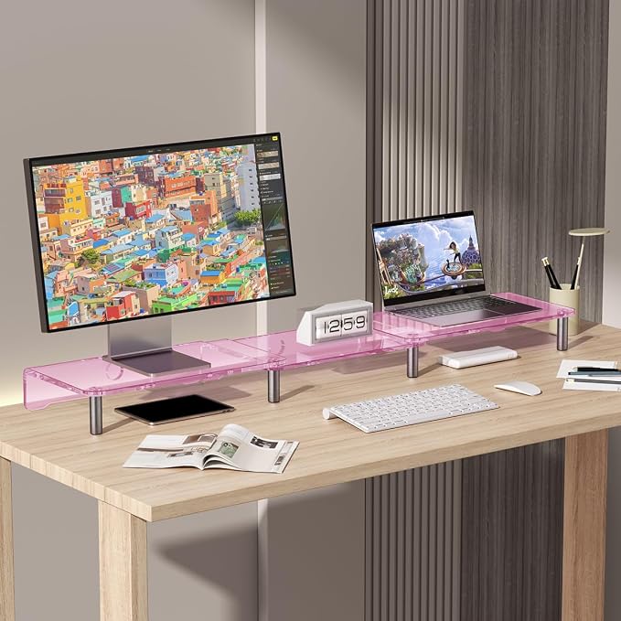 Pink Acrylic Dual Monitor Stand Riser，Adjustable Length Angle for 2Monitors | Double Computer Monitor Riser for Desk with Anti Slip Pad，Desktop organizer Stand for Laptop,PC,Printer,TV，Desk Accessories - Image 4