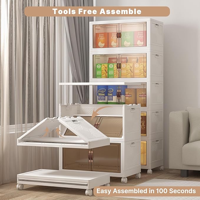 Stackable Storage Bins with Lids, 600QT Closet Organizers and Storage Cabinet with Doors & Wheels, Lockable Plastic Foldable Drawers for Bedroom Dorm Office Garage（120QT*5,White） - Image 4