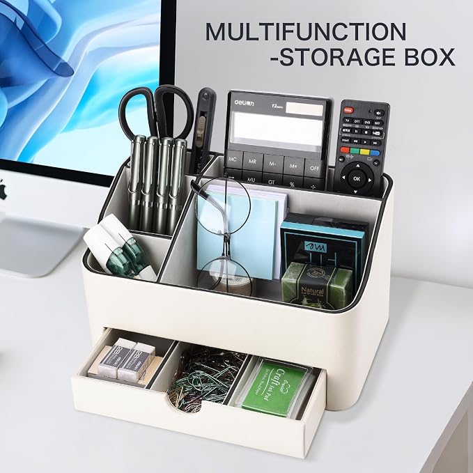 PU Leather Desk Organizer with Drawer, 5 Compartments Desktop Storage Caddy for Office Home Supplies, Pen Holder for Remote Control, Phone & Accessories, Mail Organizer Countertop Ivory White - Image 3