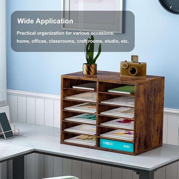 Countertop Mail Sorter Organizer, Wooden Literature Organizer, Student Mailbox for Classroom, Desktop Bill Organizer for Office Home School, 12 Compartments, Antique Brown - Image 5
