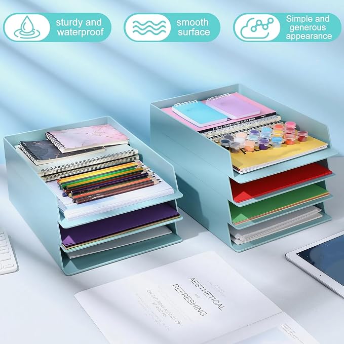 Tatuo 8 Pack Stackable Paper Trays Plastic Letter Tray Desk Organizer Paper Holder Organizer Storage Office Desk Accessories for Classroom Magazine File Documents 12.8 x 9.45 x 1.97, Blue Green - Image 4