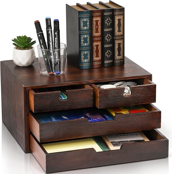 Bamboo Desk Organizer, 100% Natural Bamboo Desktop Drawer Organizer, Dark Brown Tabletop Storage Cabinet Organization Box with 4 Drawer for Makeup, Letter, Home, 3 Layer, Fully Assemble by DEAYOU