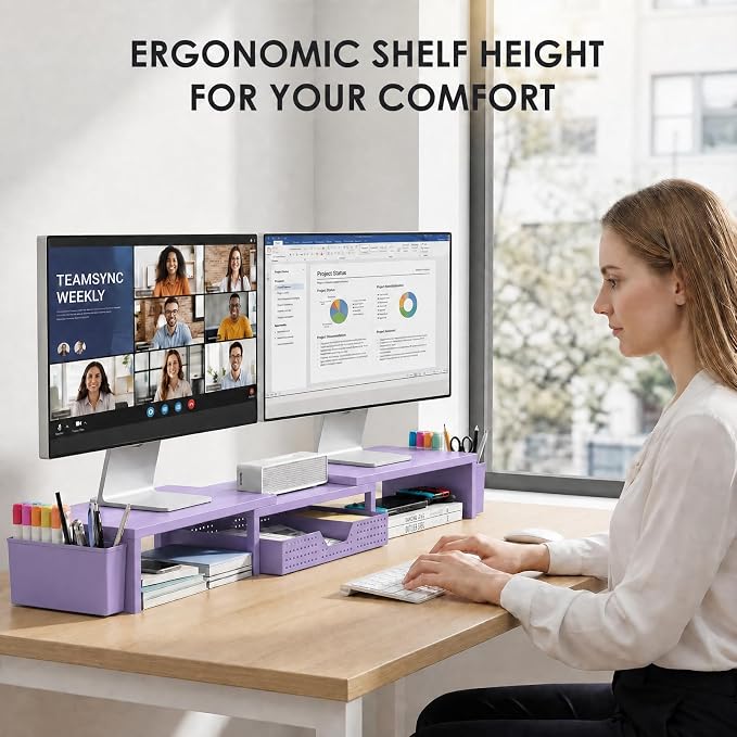 Desk Organizers and Accessories, Dual Monitor Stand Riser with Drawer and 2 Pen Holders, Desk Shelf Computer Racks for Office Workspace Organizers, Desktop Organization (Purple) - Image 2