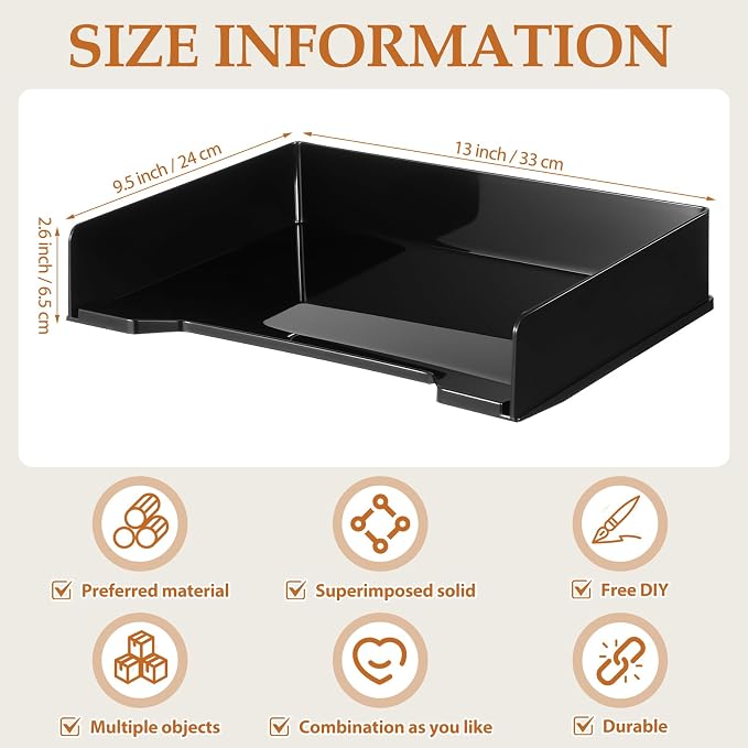 DoubleFill 8 Pcs Stackable Letter Tray Rectangular Plastic Desk Organizer 13 x 9.5 x 2.6 in Paper Holder File Tray Accessories Rack for Desktop Office Desk Drawers (Black) - Image 3