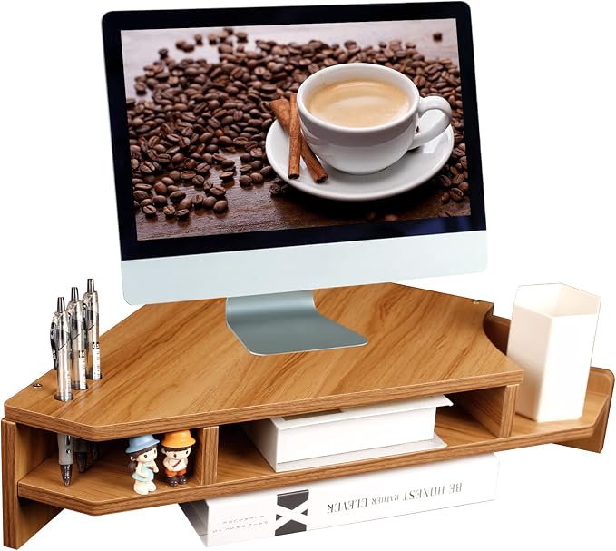 Triangle Monitor Stand Riser, Wooden Triangle Desktop Computer Stand with Office Organization, Walnut Color - Image 8