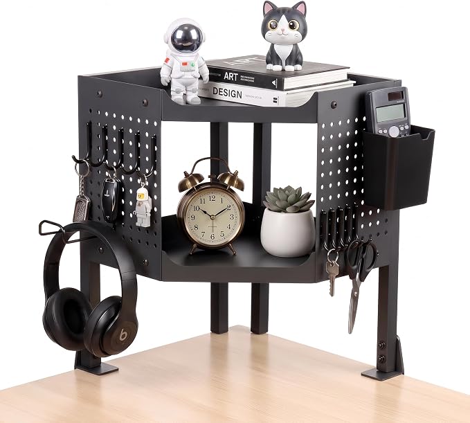 2-Tier Metal Clamp On Desk Shelf, Desk Organizer with 2 Pegboards and Hooks | Heavy Duty Corner Desk Shelf with Removable Pegboards Headphone Holder Pencil Cup and Hooks for Desk organizers Accessories by LKEUYUI