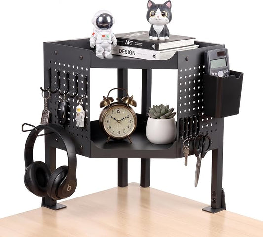 2-Tier Metal Clamp On Desk Shelf, Desk Organizer with 2 Pegboards and Hooks | Heavy Duty Corner Desk Shelf with Removable Pegboards Headphone Holder Pencil Cup and Hooks for Desk organizers Accessories by LKEUYUI