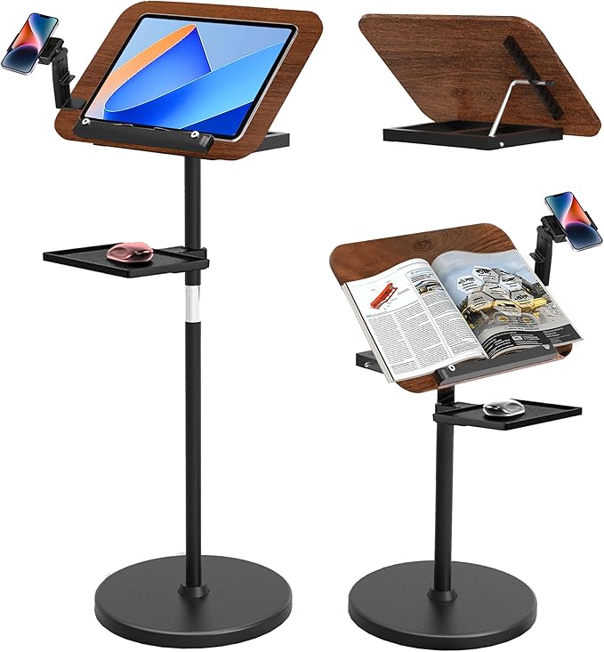2 in 1 Adjustable Music Stand for Sheet Music, Dual Use Desktop and Floor, Book Stand with Tray & Elastic Page Clips for Music Sheet, Recipe, Tablet, Laptop Height Adjustable 23.5-52 in (Walnut) by Unknown