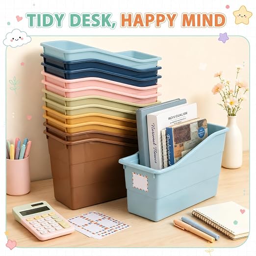 12 Pack Large Book Bins, Durable Magazine Organizer File Holder Plastic Book Storage Bins with Labels for Classroom Library Office, Desktop Organization, Bookshelf Categorization (Retro) - Image 4