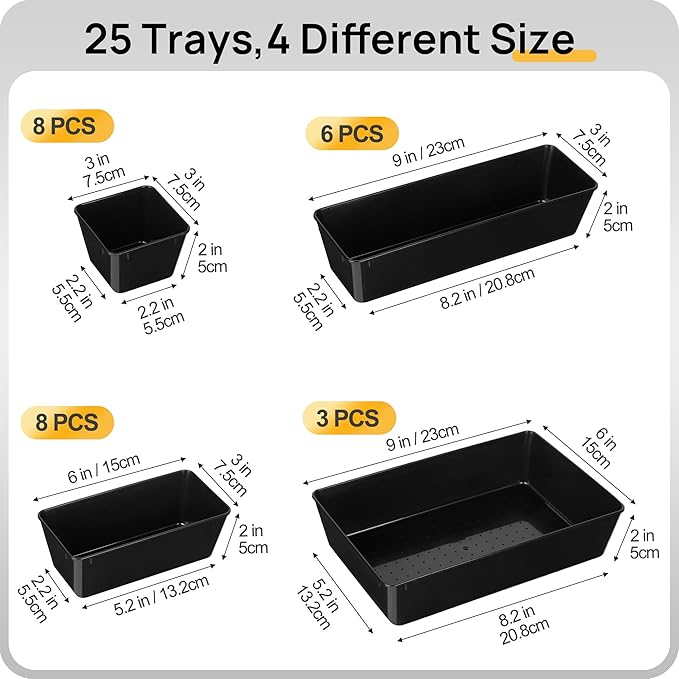 Vtopmart 25 Pack Plastic Drawer Organizers with Non-slip Rubber Pads | 4-Size Versatile Makeup Organizer, Storage Containers Small Bins for Makeup, Jewelries, Bedroom, Kitchen Utensils and Office - Image 7