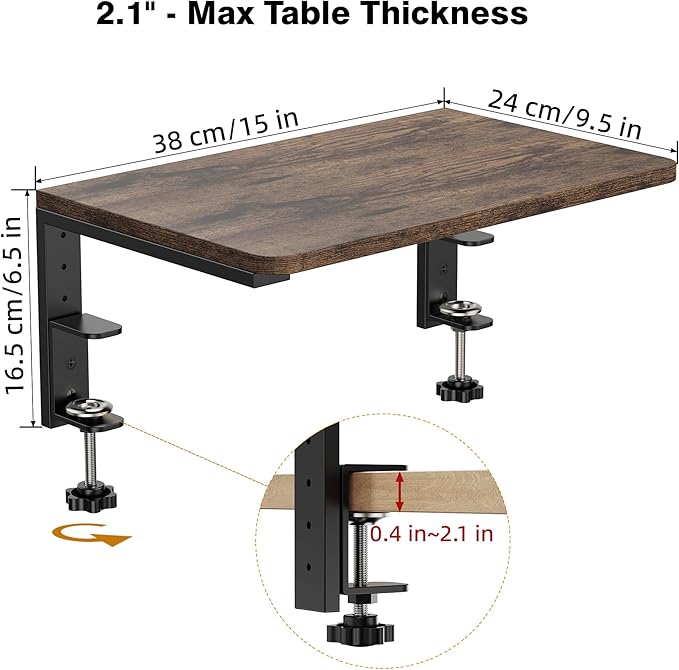 Desk Extender, 15-inch Clamp-On Desk Shelf, Height-Adjustable Desktop Shelf Organizer for Monitors Office and Gaming Accessories, Arm Support Table Extension, 44lbs Heavy Duty, Dark Brown - Image 2