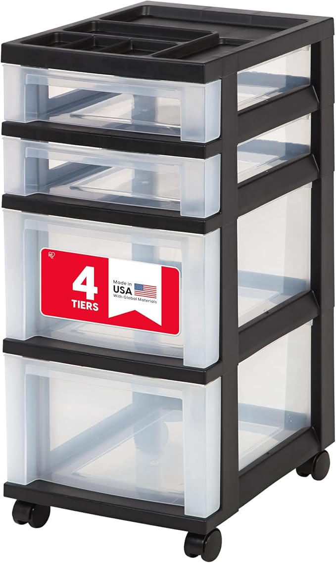 IRIS USA 4-Drawer Rolling Storage Cart, Black/Clear | Keep craft supplies, office essentials, classroom items, and accessories organized with easy-access drawers for daily use by IRISUSA