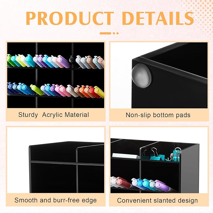 MotiMind Acrylic Pen Organizer Storage for 150 Markers Vertical Marker Organizer Acrylic Pen Display Holder for Office Desk Desktop Stationery Pencil Storage, Black, 10.2 x 4 x 9.8 Inch - Image 3