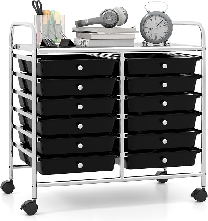Giantex 12 Drawers Rolling Cart, Mobile Storage Drawer Cart, Classroom Organizer Cart for Office School Supplies Tools Scrapbook Paper Craft Small Printer, Utility Cart on Wheels, Black by Giantex