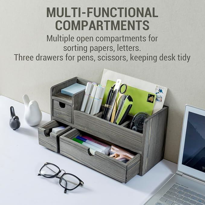 MyGift Vintage Weathered Gray Wooden Desktop Organizer with 3 Drawers, Mail Holder, and Stationery Caddy – Office Desk Storage for Supplies, Paper, Pens, and Letters - Image 3