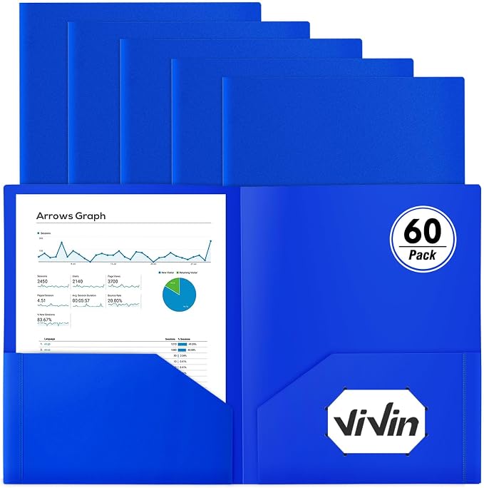 ViVin 60-Pack Heavy Duty 2 Pocket Folders, Plastic File Folders for School, Office and Home (Blue) by ViVin