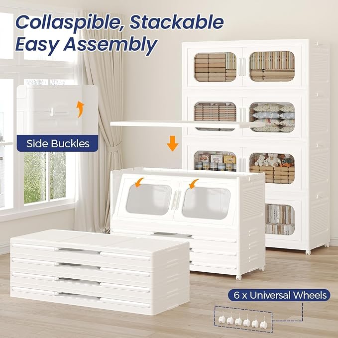 250Gal Exra Large Stackable Storage Bins with Lid, 1000QT Collapsible Storage Box with 6x Wheels, Folding Plastic Cabinet Container with Door Drawer for Home Kitchen Office Dorm, 5Pack White - Image 5