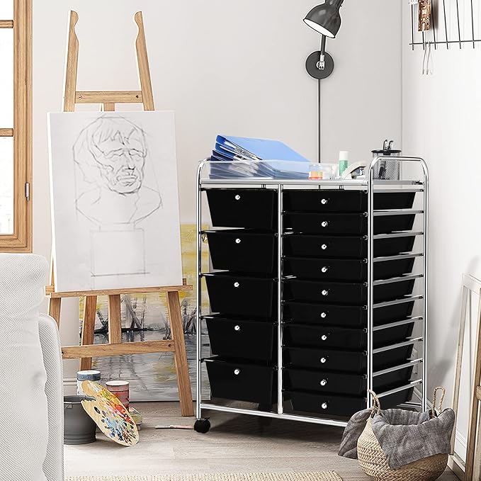 Moccha 15-Drawer Rolling Storage Cart - Under Desk Storage Drawers with wheels for Craft Art Supply Paper Salon, Scrapbook Paper Tools, Mobile Utility Cart for Classroom (15 Drawers, Black) - Image 7