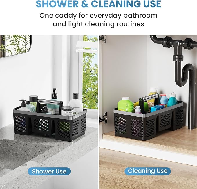 BYUNER 2Pack Plastic Shower Caddy: Portable Hard Bathroom Basket Tote with Handle, 4 Divided Compartments, All-Side Drainage, Non-Mesh Shower & Cleaning Caddy Organizer for College Dorm, Black/Silver - Image 2