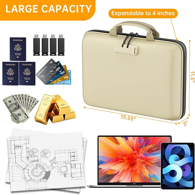DocSafe Fireproof File Organizer with Lock, Hard-Shell Case Fireproof Document Box with 13 Pocket Accordion File Folder, Portable Home Office Travel Safe Storage for Important Documents Laptop Beige - Image 4