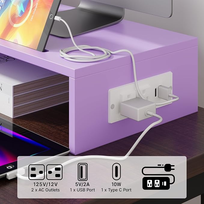 Dual Monitor Stand with USB Ports Wood Monitor Stand Riser with Drawer | Adjustable Desk Shelf,Desk Organizer for Computer,Laptop,Study&Office,No Assembly Required,Pink - Image 3