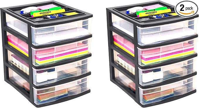 Gracious Living 4 Drawer Desktop & Countertop Organizer w/Organization Lid for Craft Storage, Office Supplies & School Supplies, Black/Clear (2 Pack) by GraciousLiving