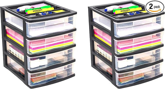 Gracious Living 4 Drawer Desktop & Countertop Organizer w/Organization Lid for Craft Storage, Office Supplies & School Supplies, Black/Clear (2 Pack) by GraciousLiving