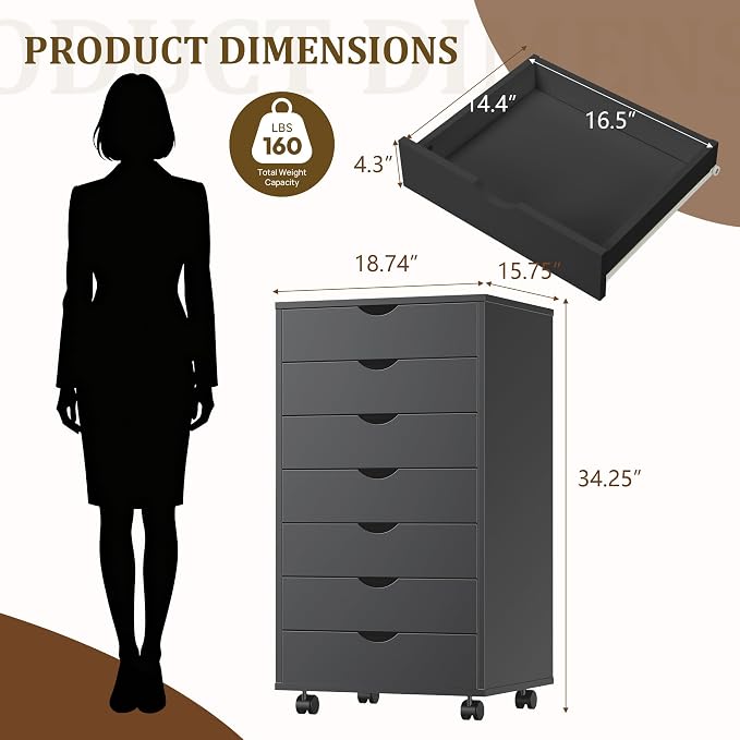 7 Drawer Office Storage Cabinet, Rolling File Cabinet for Office, Black | Office Storage Cabinet with 7 Drawers, Rolling File Cabinet with Wheels for Home Office, Desk Storage and Printer Stand - Image 3