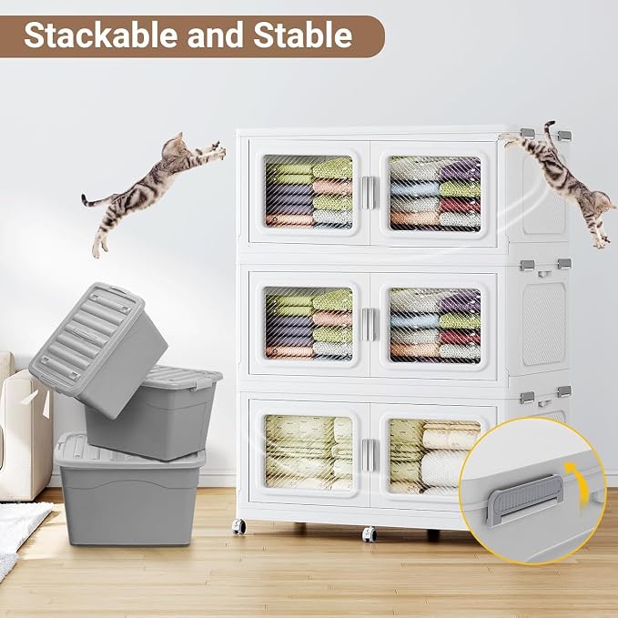 BROVIEW 220 Qt Extra Large Stackable Storage Bin with Lid, 1 Pack White | 55Gal Extra Large, Collapsible Storage Boxes with 1 Lid, Folding & Rolling Plastic Drawer, Heavy-Duty Cabinet Organization - Image 6