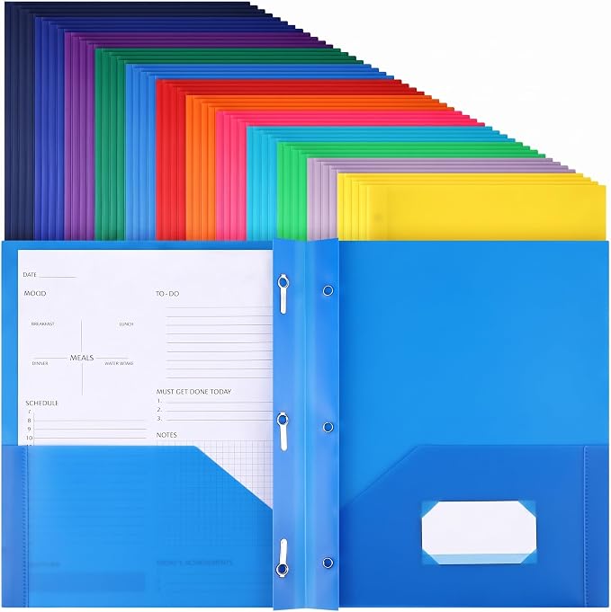 Cholemy 168 Packs Pocket Folders with Prongs Heavy Duty Plastic Folder with Business Card Slot 3 Prong Fasteners for School Office (Bright) by Cholemy