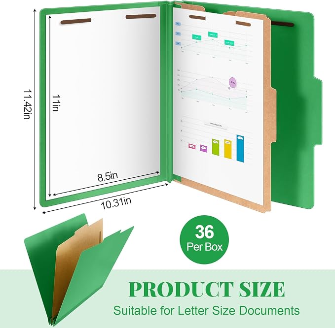 Skyygemm 36 Pcs Classification Folder Letter Size, 1 Divider,Green | Back to School Supplies, File Organizer with Fastener, Expanding File Organizer Bulk for Office Employee, Staff, Teacher - Image 2